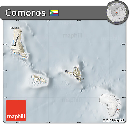 Shaded Relief Map of Comoros, lighten, semi-desaturated