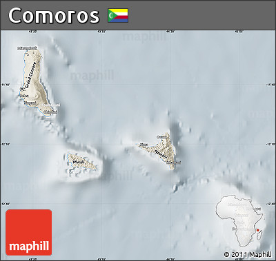 Shaded Relief Map of Comoros, lighten, semi-desaturated