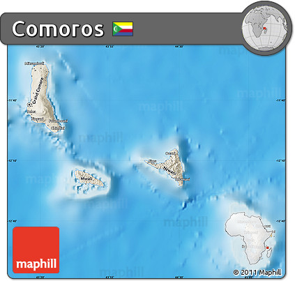 Shaded Relief Map of Comoros, political shades outside, shaded relief sea