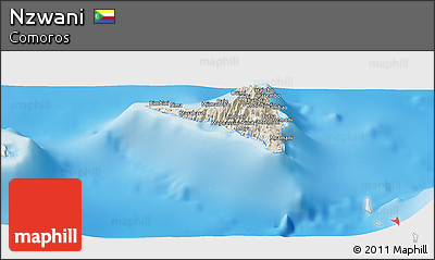 Shaded Relief Panoramic Map of Nzwani, single color outside