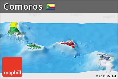 Flag Panoramic Map of Comoros, physical outside, bathymetry sea, flag centered