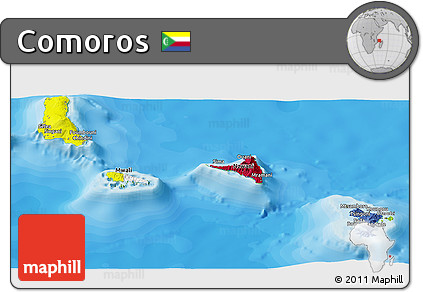 Flag Panoramic Map of Comoros, physical outside, bathymetry sea, flag aligned to the middle