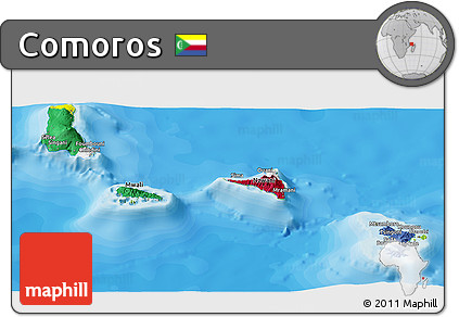 Flag Panoramic Map of Comoros, physical outside, bathymetry sea