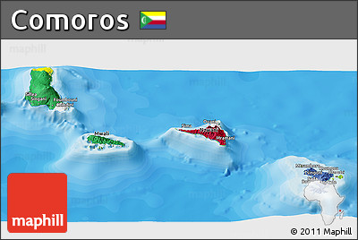 Flag Panoramic Map of Comoros, physical outside, bathymetry sea
