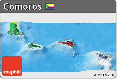 Flag Panoramic Map of Comoros, physical outside, bathymetry sea