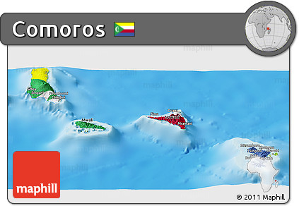 Flag Panoramic Map of Comoros, physical outside, flag centered