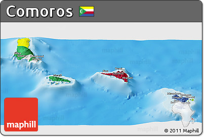 Flag Panoramic Map of Comoros, physical outside, flag centered