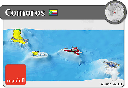 Flag Panoramic Map of Comoros, satellite outside, bathymetry sea, flag rotated