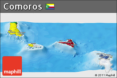 Flag Panoramic Map of Comoros, satellite outside, bathymetry sea, flag rotated