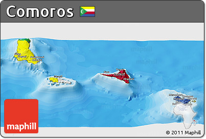 Flag Panoramic Map of Comoros, satellite outside, bathymetry sea, flag rotated