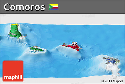 Flag Panoramic Map of Comoros, satellite outside, bathymetry sea