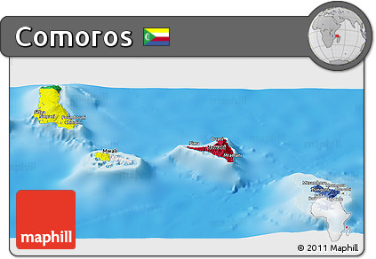 Flag Panoramic Map of Comoros, shaded relief outside, flag rotated
