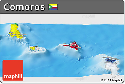 Flag Panoramic Map of Comoros, shaded relief outside, flag rotated