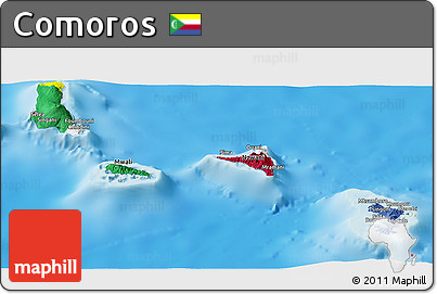 Flag Panoramic Map of Comoros, shaded relief outside