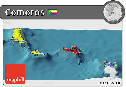 Flag Panoramic Map of Comoros, single color outside, satellite sea, flag aligned to the middle