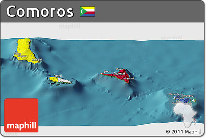 Flag Panoramic Map of Comoros, single color outside, satellite sea, flag aligned to the middle