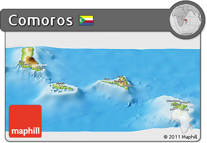 Physical Panoramic Map of Comoros, lighten, desaturated, land only