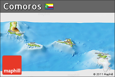 Physical Panoramic Map of Comoros, lighten, desaturated, land only