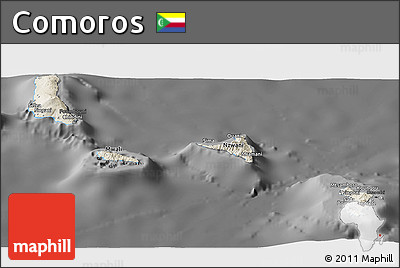 Shaded Relief Panoramic Map of Comoros, darken, desaturated