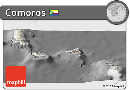 Shaded Relief Panoramic Map of Comoros, darken, desaturated
