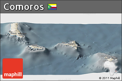Shaded Relief Panoramic Map of Comoros, darken, semi-desaturated