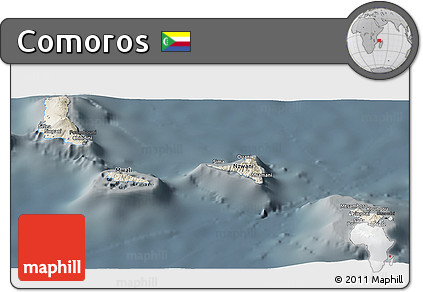 Shaded Relief Panoramic Map of Comoros, darken, semi-desaturated