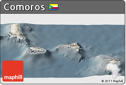 Shaded Relief Panoramic Map of Comoros, darken, semi-desaturated