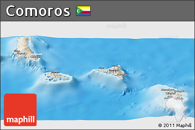 Shaded Relief Panoramic Map of Comoros, lighten, land only