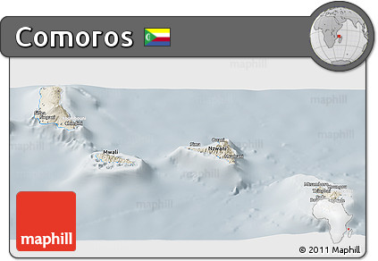 Shaded Relief Panoramic Map of Comoros, lighten, semi-desaturated