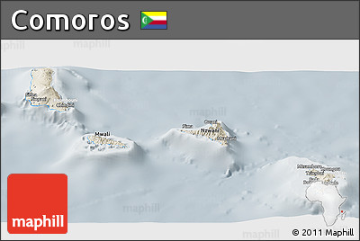 Shaded Relief Panoramic Map of Comoros, lighten, semi-desaturated