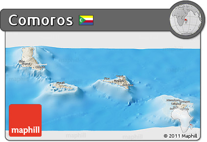 Shaded Relief Panoramic Map of Comoros, lighten, semi-desaturated, land only