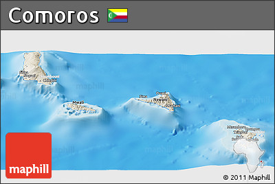 Shaded Relief Panoramic Map of Comoros, lighten, semi-desaturated, land only