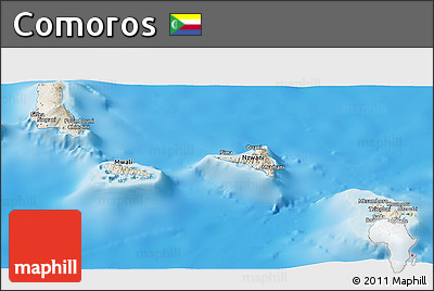 Shaded Relief Panoramic Map of Comoros, political outside, shaded relief sea
