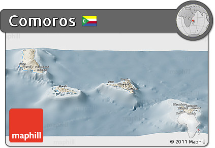 Shaded Relief Panoramic Map of Comoros, semi-desaturated