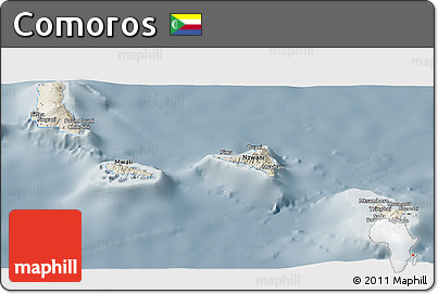 Shaded Relief Panoramic Map of Comoros, semi-desaturated