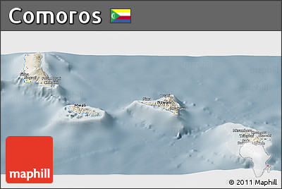 Shaded Relief Panoramic Map of Comoros, semi-desaturated