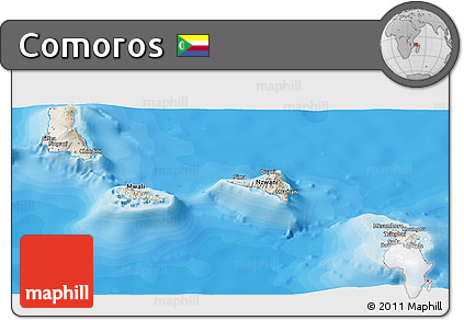 Shaded Relief Panoramic Map of Comoros, single color outside, bathymetry sea, shaded relief sea