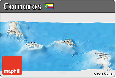 Shaded Relief Panoramic Map of Comoros, single color outside, bathymetry sea, shaded relief sea