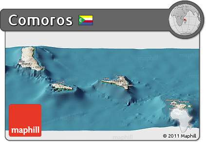 Shaded Relief Panoramic Map of Comoros, single color outside, satellite sea
