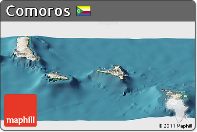 Shaded Relief Panoramic Map of Comoros, single color outside, satellite sea