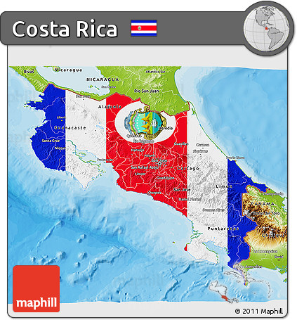 Flag 3D Map of Costa Rica, physical outside, bathymetry sea, flag aligned to the middle