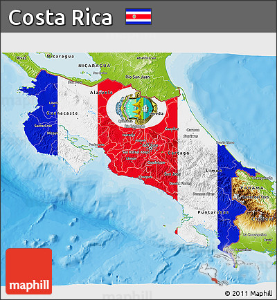 Flag 3D Map of Costa Rica, physical outside, bathymetry sea, flag aligned to the middle