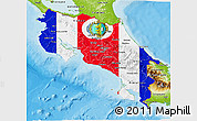 Flag 3D Map of Costa Rica, physical outside, bathymetry sea, flag aligned to the middle
