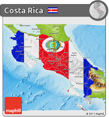 Flag 3D Map of Costa Rica, physical outside, flag aligned to the middle