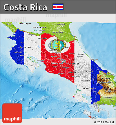 Flag 3D Map of Costa Rica, physical outside, flag aligned to the middle