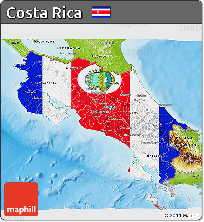 Flag 3D Map of Costa Rica, physical outside, flag aligned to the middle
