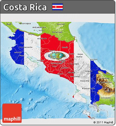 Flag 3D Map of Costa Rica, physical outside, flag rotated