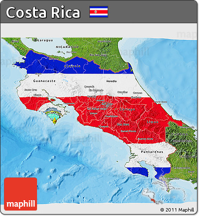 Flag 3D Map of Costa Rica, satellite outside, bathymetry sea, flag centered