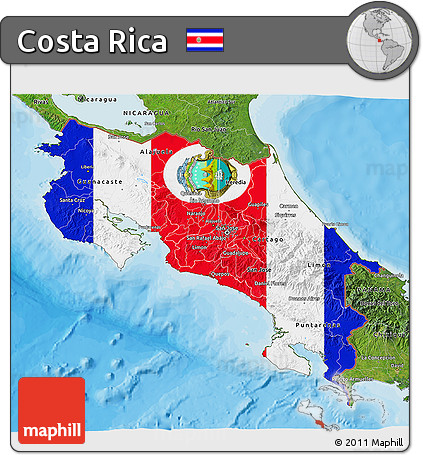 Flag 3D Map of Costa Rica, satellite outside, bathymetry sea, flag aligned to the middle
