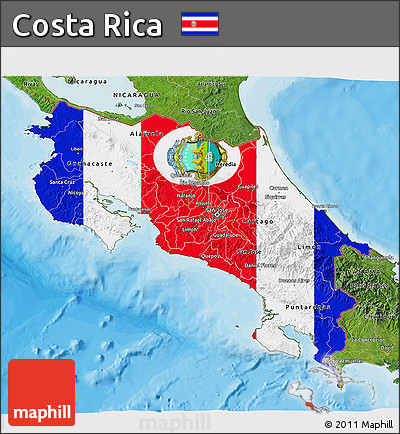 Flag 3D Map of Costa Rica, satellite outside, bathymetry sea, flag aligned to the middle